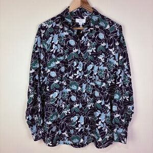 Charter Club Luxury 100% Linen Blue Green Floral Button Down Shirt